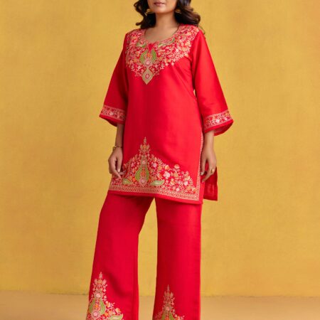 Bright red Kashmiri Embroidered Kurti Set - View 6 | PPAVAKEY Ethnic Wear