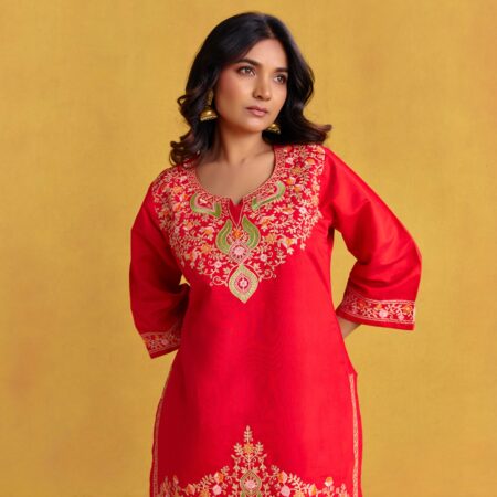 Bright red Kashmiri Embroidered Kurti Set - View 8 | PPAVAKEY Ethnic Wear