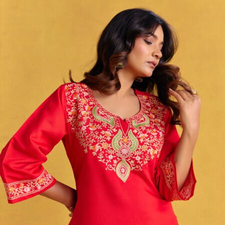 Bright red Kashmiri Embroidered Kurti Set - View 9 | PPAVAKEY Ethnic Wear