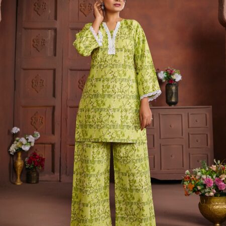 Green Cotton Printed Co-ord set - View 2 | PPAVAKEY Ethnic Wear