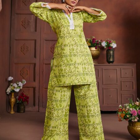 Green Cotton Printed Co-ord set - View 3 | PPAVAKEY Ethnic Wear