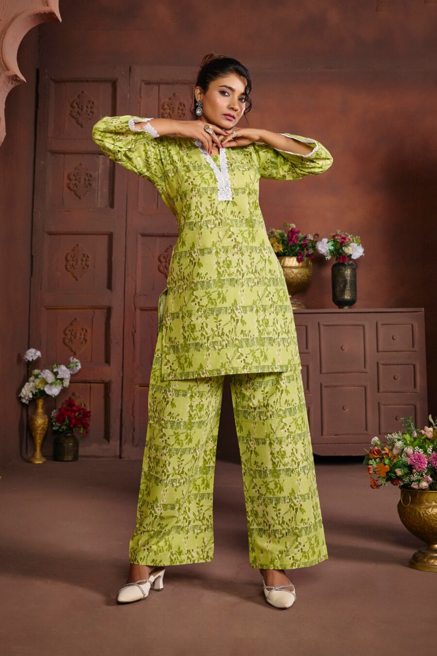 Green Cotton Printed Co-ord set - View 3 | PPAVAKEY Ethnic Wear
