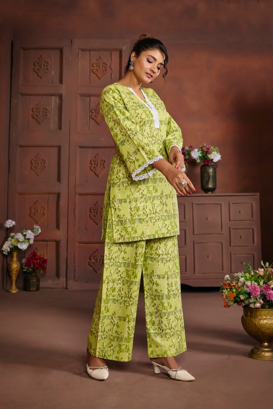 Green Cotton Printed Co-ord set - View 4 | PPAVAKEY Ethnic Wear