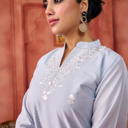 Grey Cotton Embroidered Kurta Set