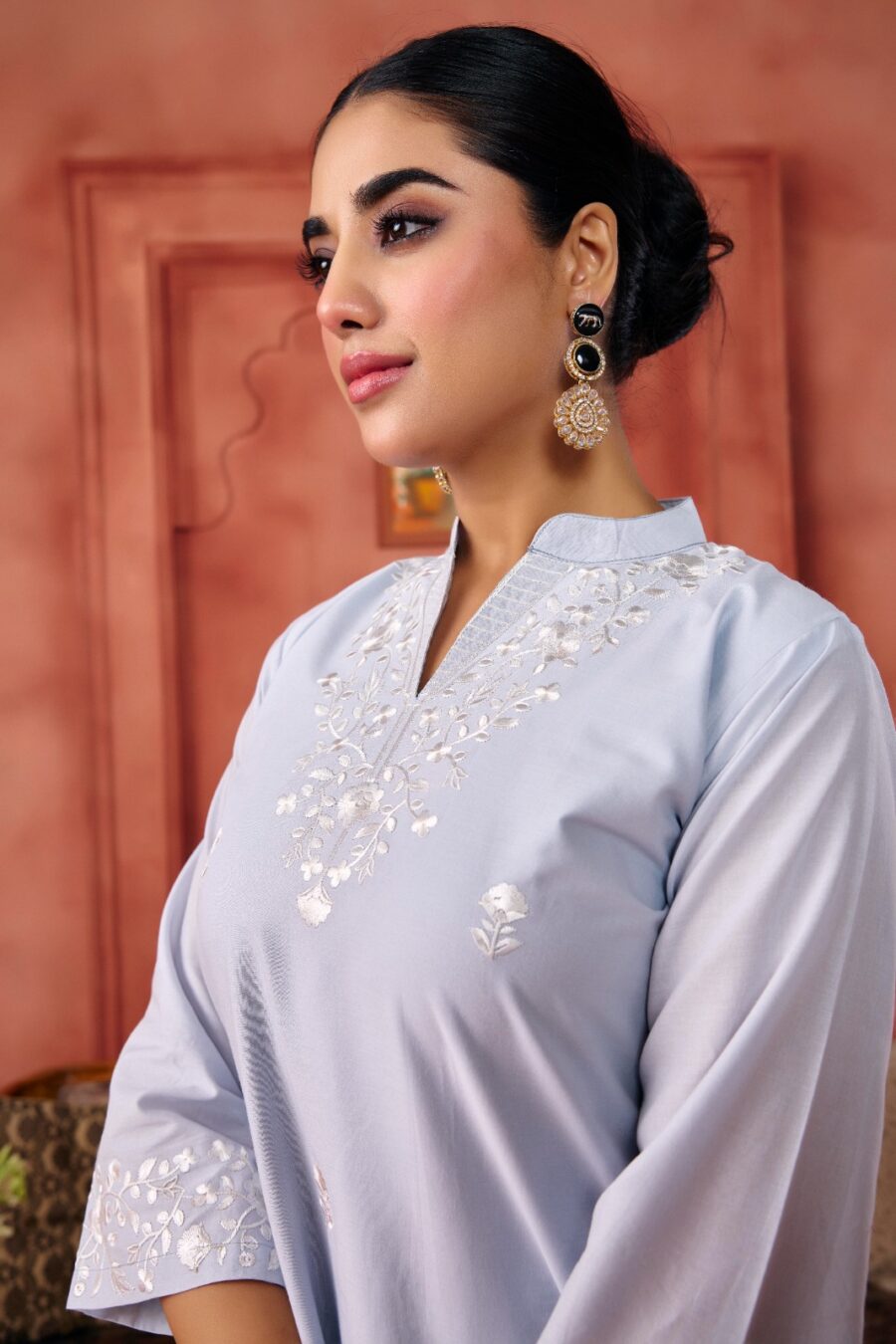 Grey Cotton Embroidered Kurta Set