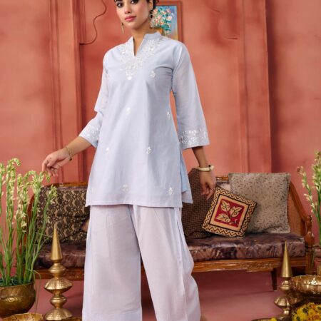 Grey Cotton Embroidered Kurta Set - View 2 | PPAVAKEY Ethnic Wear