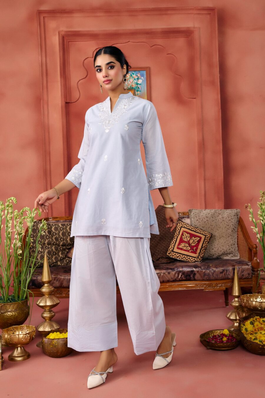 Grey Cotton Embroidered Kurta Set - View 2 | PPAVAKEY Ethnic Wear