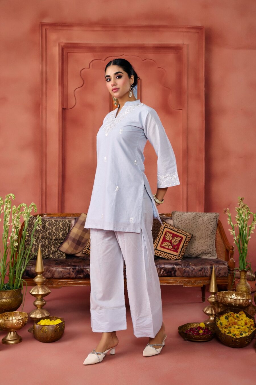 Grey Cotton Embroidered Kurta Set - View 3 | PPAVAKEY Ethnic Wear
