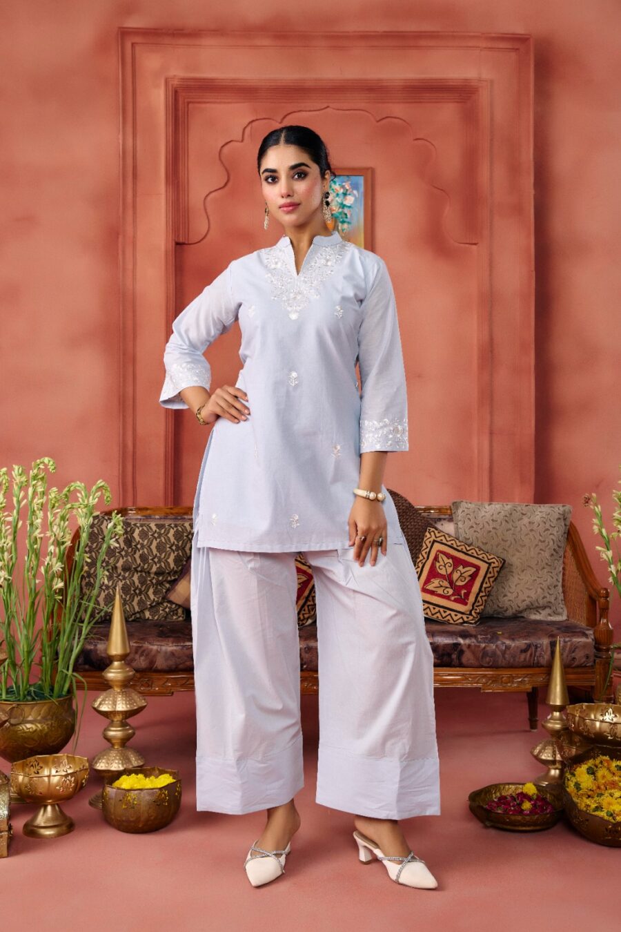 Grey Cotton Embroidered Kurta Set - View 4 | PPAVAKEY Ethnic Wear