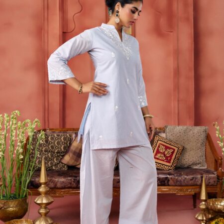 Grey Cotton Embroidered Kurta Set - View 6 | PPAVAKEY Ethnic Wear