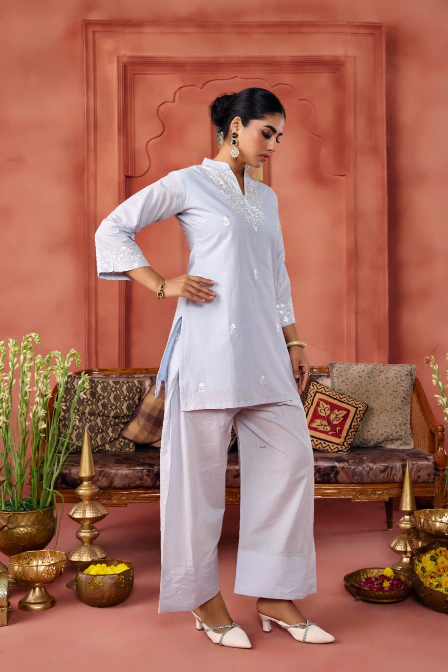Grey Cotton Embroidered Kurta Set - View 6 | PPAVAKEY Ethnic Wear