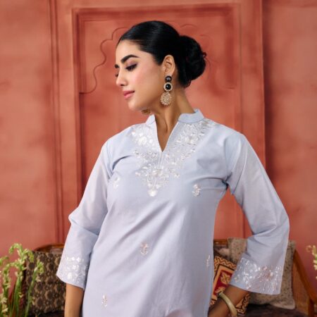 Grey Cotton Embroidered Kurta Set - View 8 | PPAVAKEY Ethnic Wear