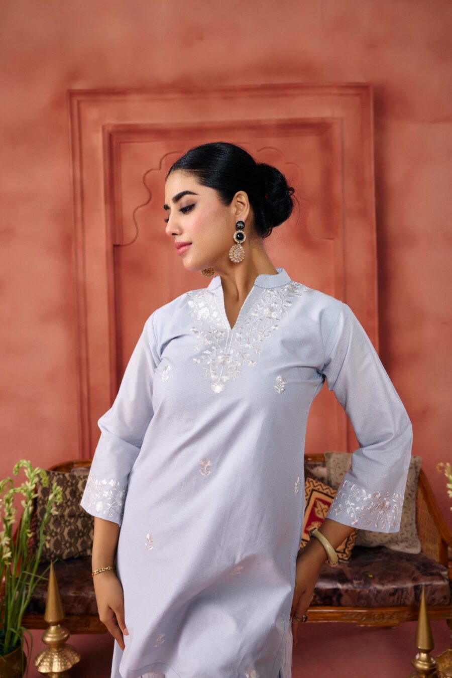 Grey Cotton Embroidered Kurta Set - View 8 | PPAVAKEY Ethnic Wear