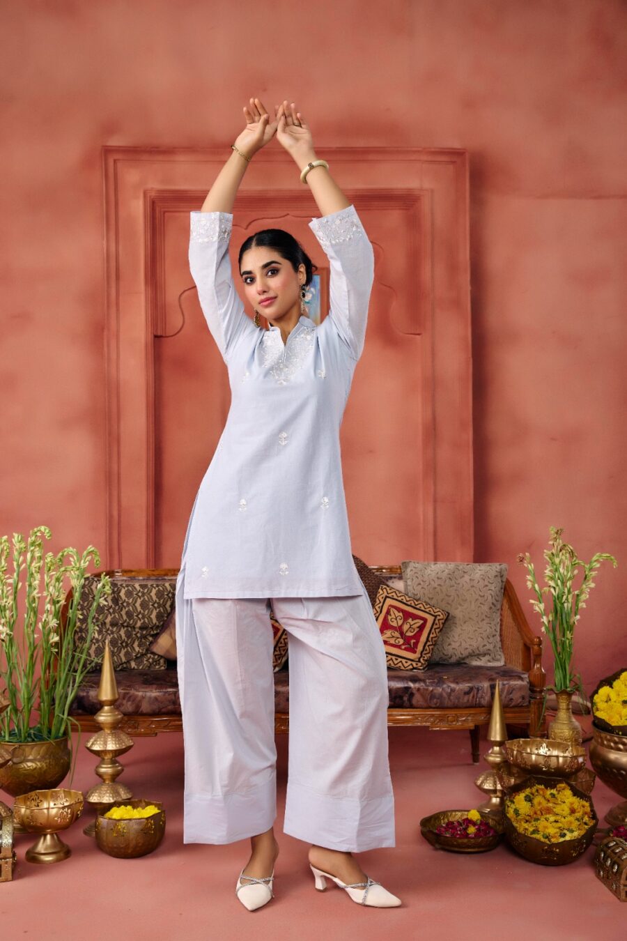 Grey Cotton Embroidered Kurta Set - View 9 | PPAVAKEY Ethnic Wear