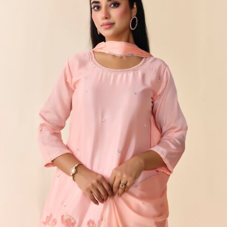 Light Pink Beaded Handwork Kurti set With Dupatta