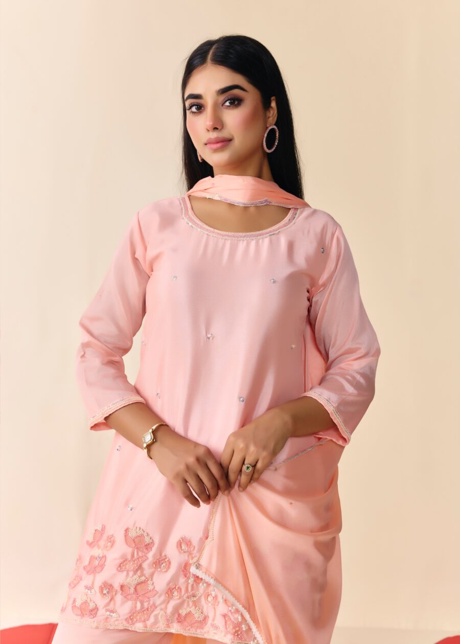 Light Pink Beaded Handwork Kurti set With Dupatta
