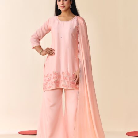 Light Pink Beaded Handwork Kurti set With Dupatta - View 2 | PPAVAKEY Ethnic Wear