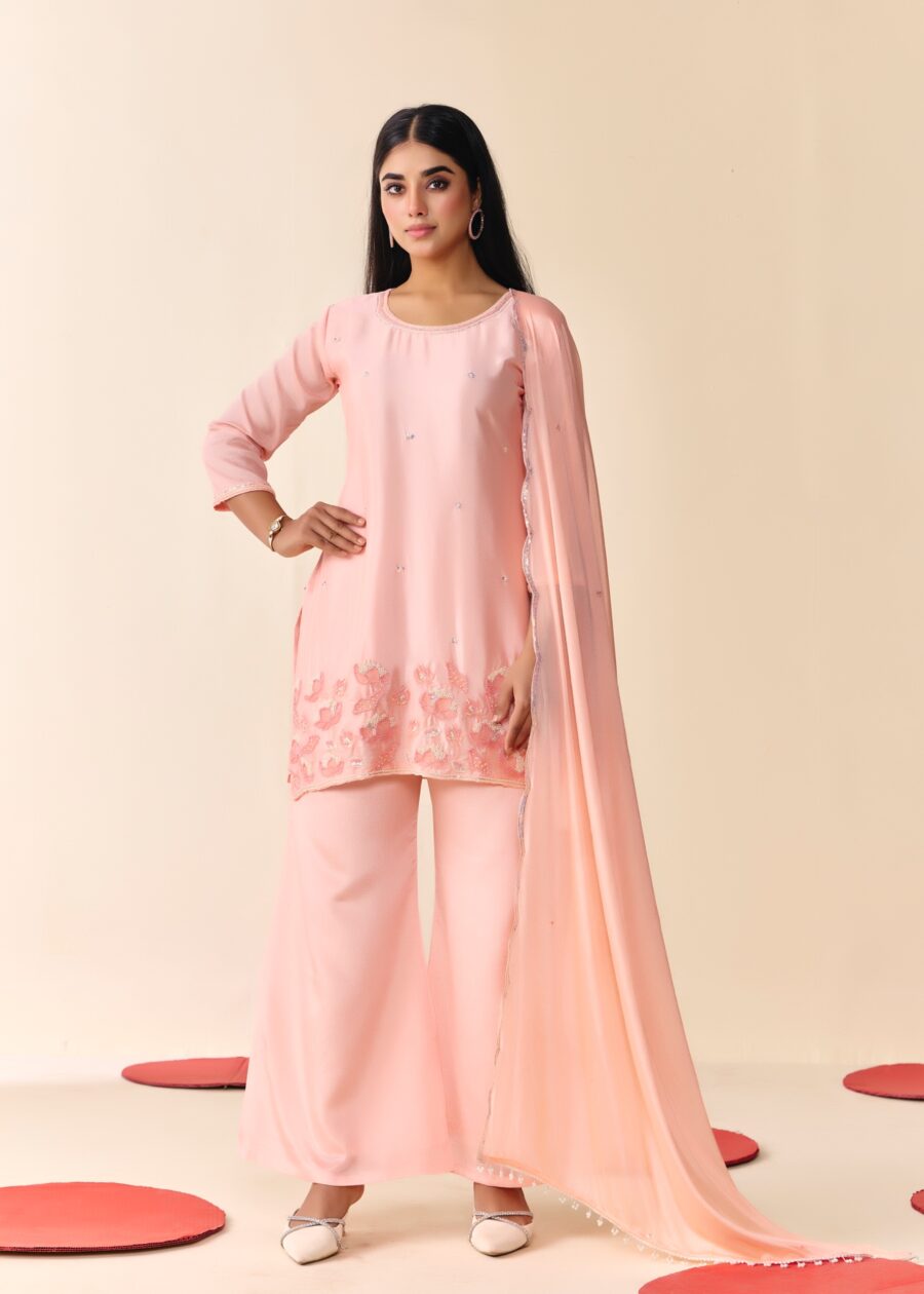 Light Pink Beaded Handwork Kurti set With Dupatta - View 2 | PPAVAKEY Ethnic Wear