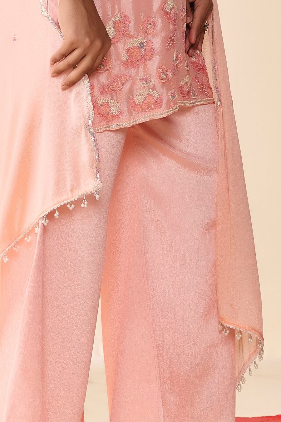 Light Pink Beaded Handwork Kurti set With Dupatta - View 3 | PPAVAKEY Ethnic Wear