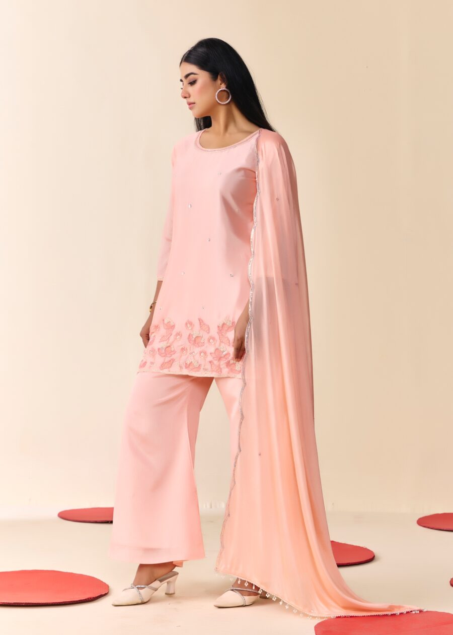 Light Pink Beaded Handwork Kurti set With Dupatta - View 4 | PPAVAKEY Ethnic Wear
