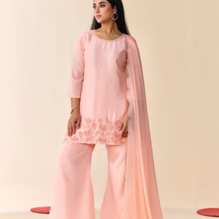 Light Pink Beaded Handwork Kurti set With Dupatta - View 5 | PPAVAKEY Ethnic Wear