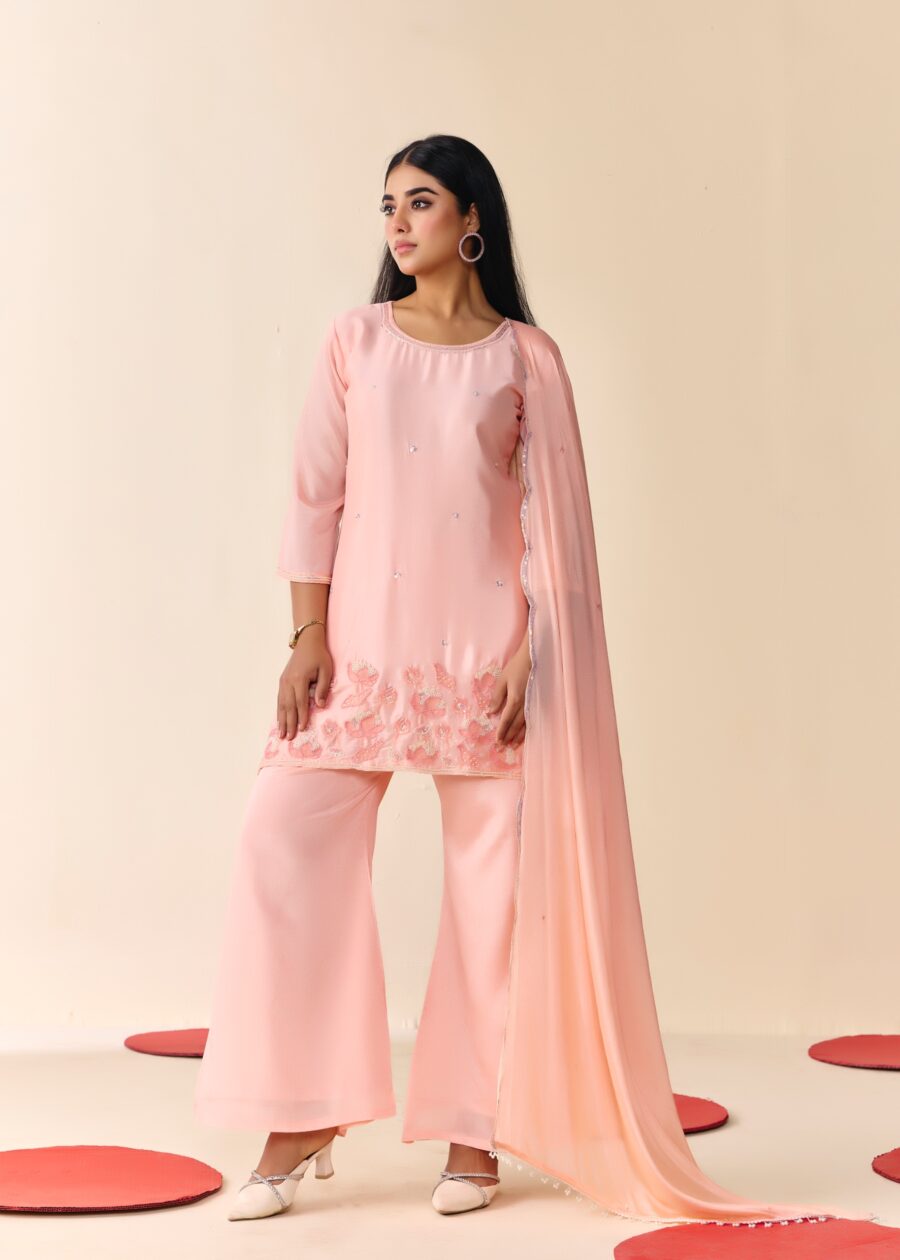 Light Pink Beaded Handwork Kurti set With Dupatta - View 5 | PPAVAKEY Ethnic Wear
