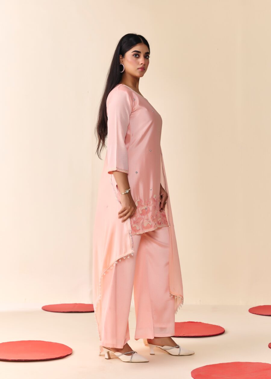 Light Pink Beaded Handwork Kurti set With Dupatta - View 7 | PPAVAKEY Ethnic Wear