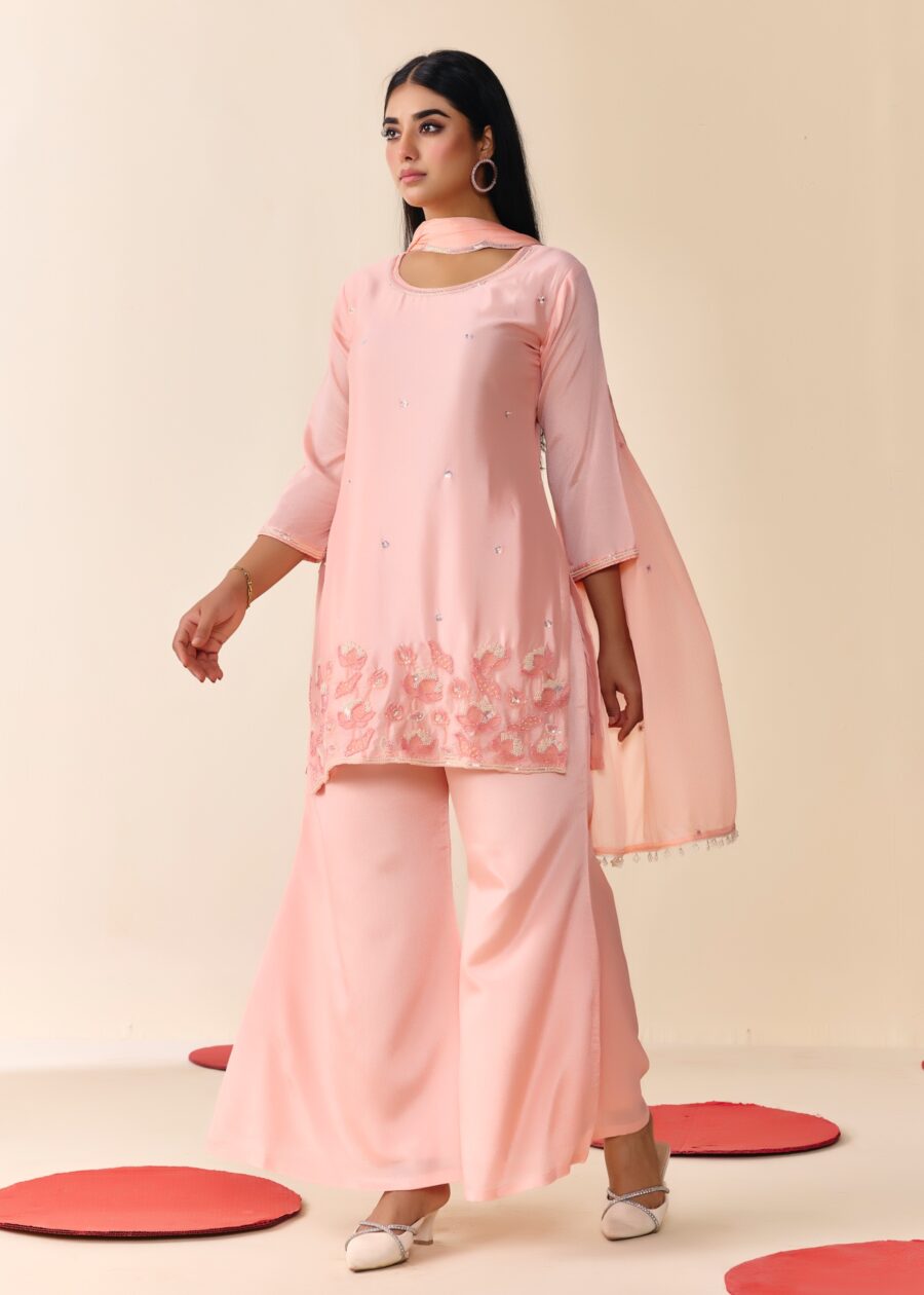 Light Pink Beaded Handwork Kurti set With Dupatta - View 8 | PPAVAKEY Ethnic Wear