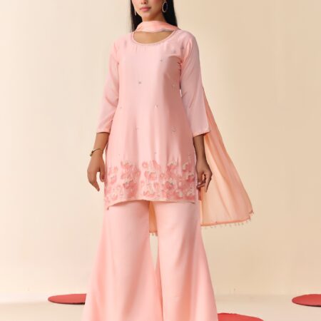Light Pink Beaded Handwork Kurti set With Dupatta - View 9 | PPAVAKEY Ethnic Wear