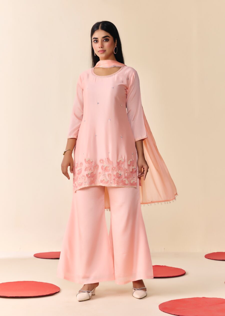 Light Pink Beaded Handwork Kurti set With Dupatta - View 9 | PPAVAKEY Ethnic Wear