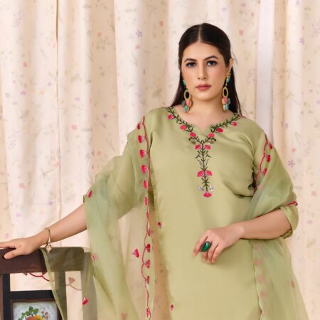Mehendi Green Embroidered Kurti set with Dupatta - View 3 | PPAVAKEY Ethnic Wear