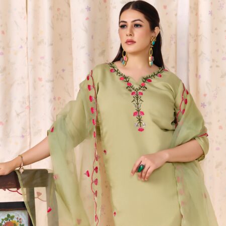 Mehendi Green Embroidered Kurti set with Dupatta - View 4 | PPAVAKEY Ethnic Wear