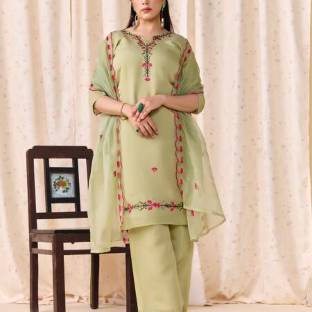 Mehendi Green Embroidered Kurti set with Dupatta - View 6 | PPAVAKEY Ethnic Wear