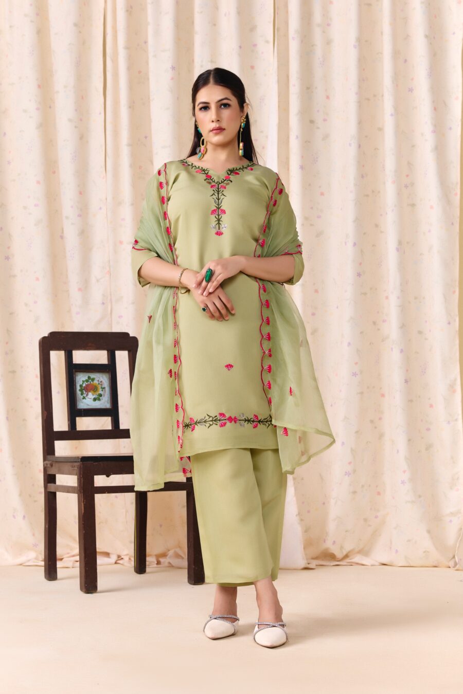 Mehendi Green Embroidered Kurti set with Dupatta - View 6 | PPAVAKEY Ethnic Wear