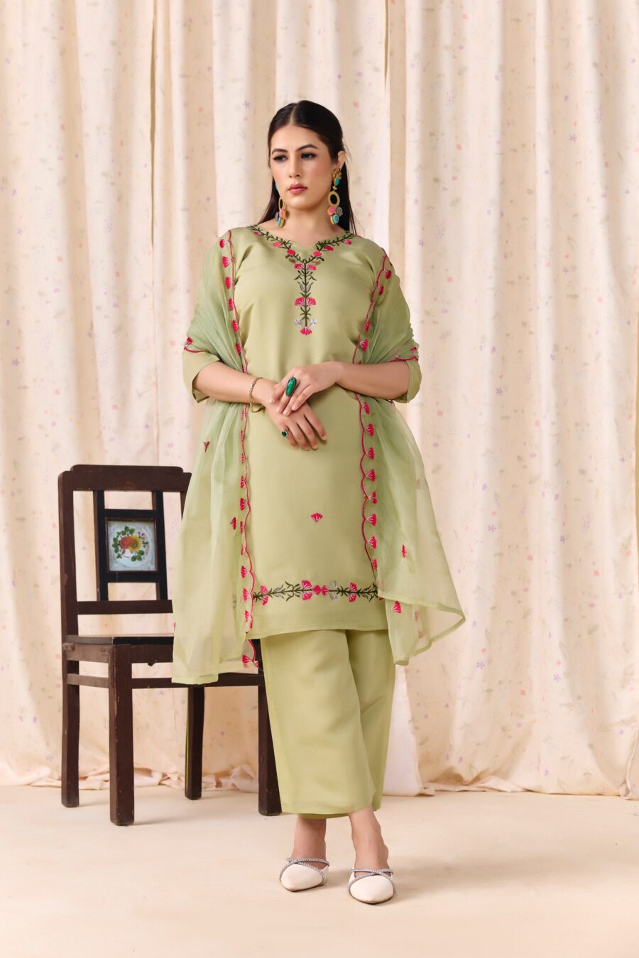 Mehendi Green Embroidered Kurti set with Dupatta - View 8 | PPAVAKEY Ethnic Wear