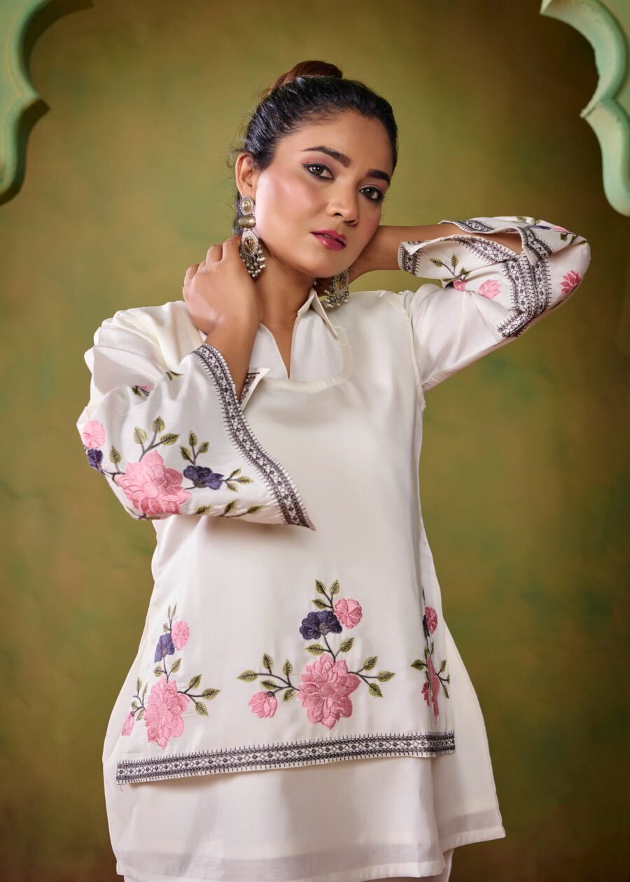 Off White Embroidered Co-ord Set with Jacket