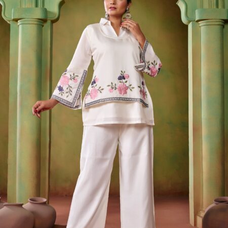 Off White Embroidered Co-ord Set with Jacket - View 2 | PPAVAKEY Ethnic Wear