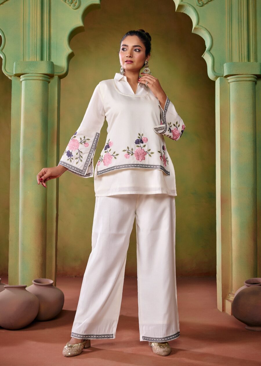 Off White Embroidered Co-ord Set with Jacket - View 2 | PPAVAKEY Ethnic Wear