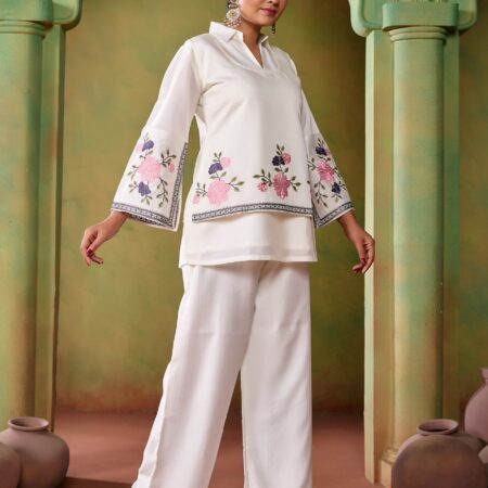 Off White Embroidered Co-ord Set with Jacket - View 3 | PPAVAKEY Ethnic Wear