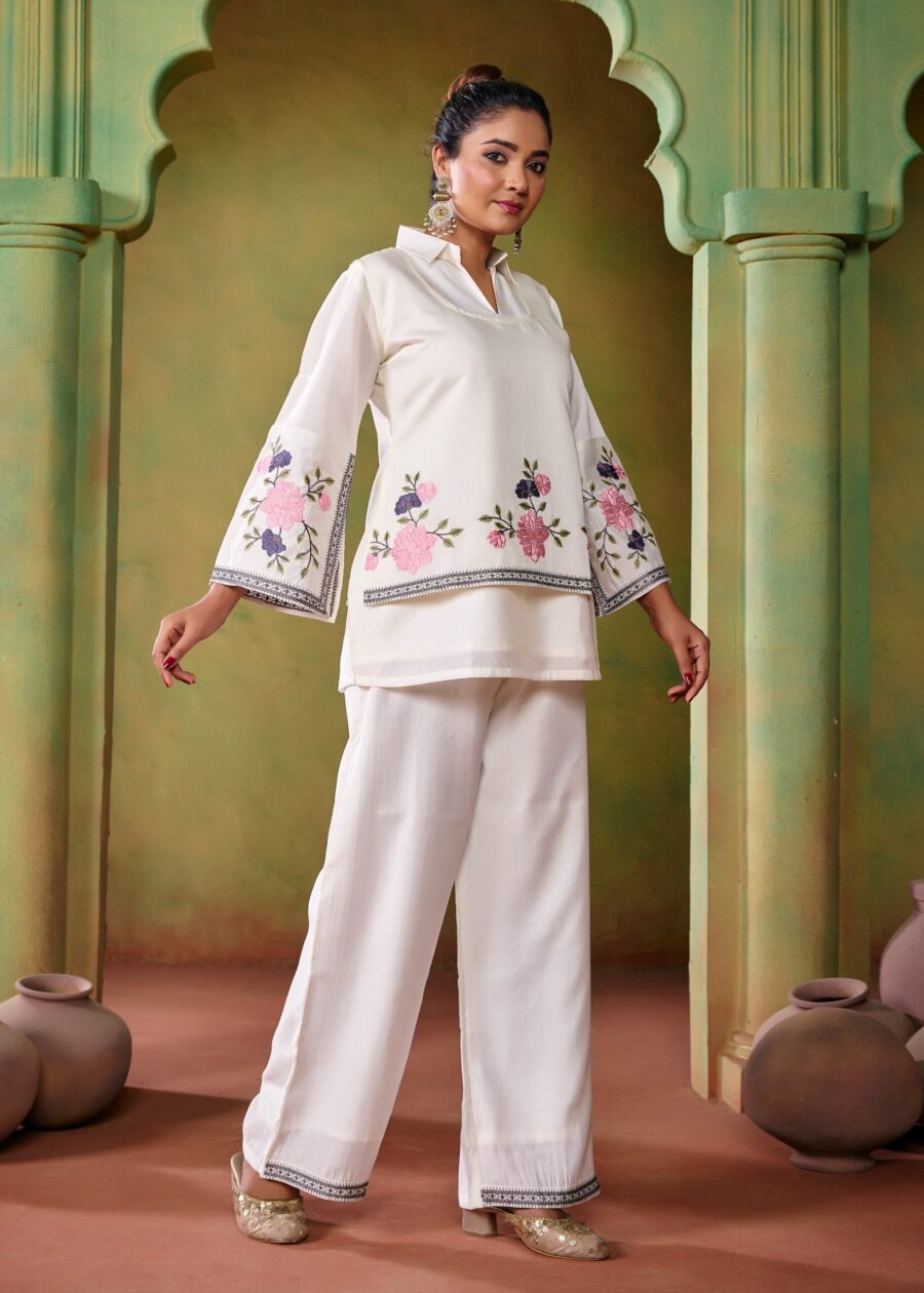 Off White Embroidered Co-ord Set with Jacket - View 3 | PPAVAKEY Ethnic Wear