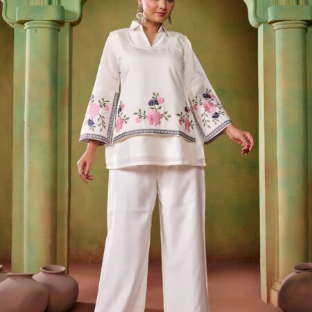 Off White Embroidered Co-ord Set with Jacket - View 4 | PPAVAKEY Ethnic Wear