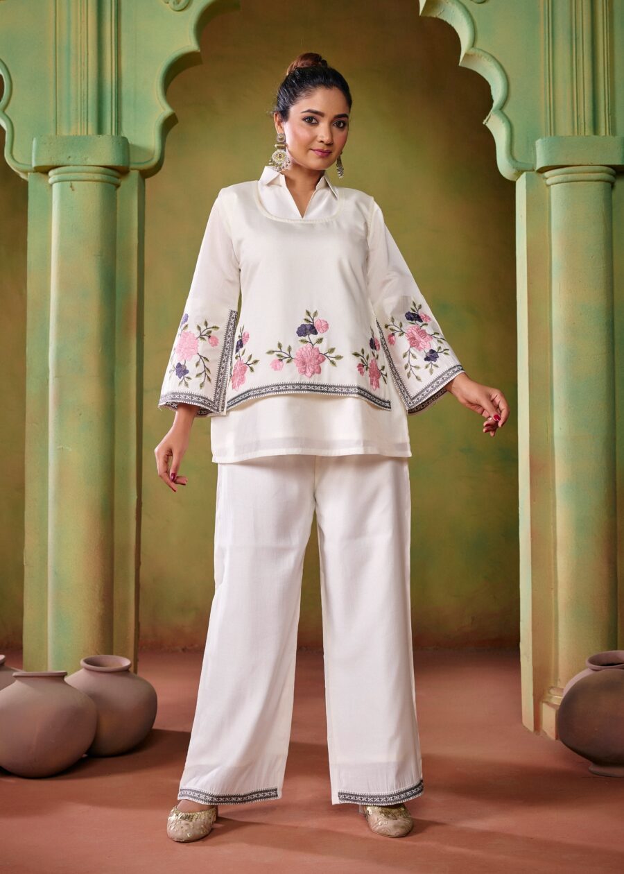 Off White Embroidered Co-ord Set with Jacket - View 4 | PPAVAKEY Ethnic Wear