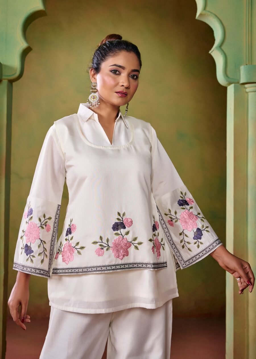 Off White Embroidered Co-ord Set with Jacket - View 6 | PPAVAKEY Ethnic Wear