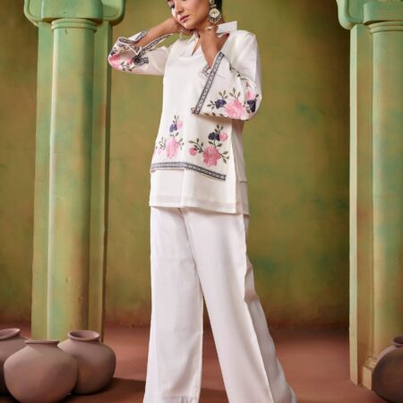 Off White Embroidered Co-ord Set with Jacket - View 7 | PPAVAKEY Ethnic Wear