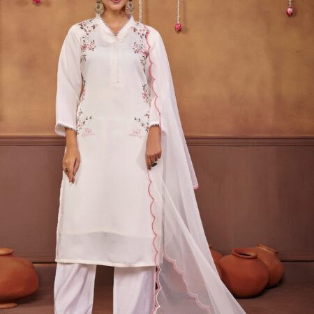 Off White Embroidered Kurti Set with Pockets - View 2 | PPAVAKEY Ethnic Wear