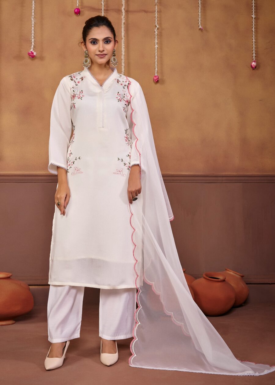 Off White Embroidered Kurti Set with Pockets - View 2 | PPAVAKEY Ethnic Wear