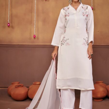 Off White Embroidered Kurti Set with Pockets - View 3 | PPAVAKEY Ethnic Wear