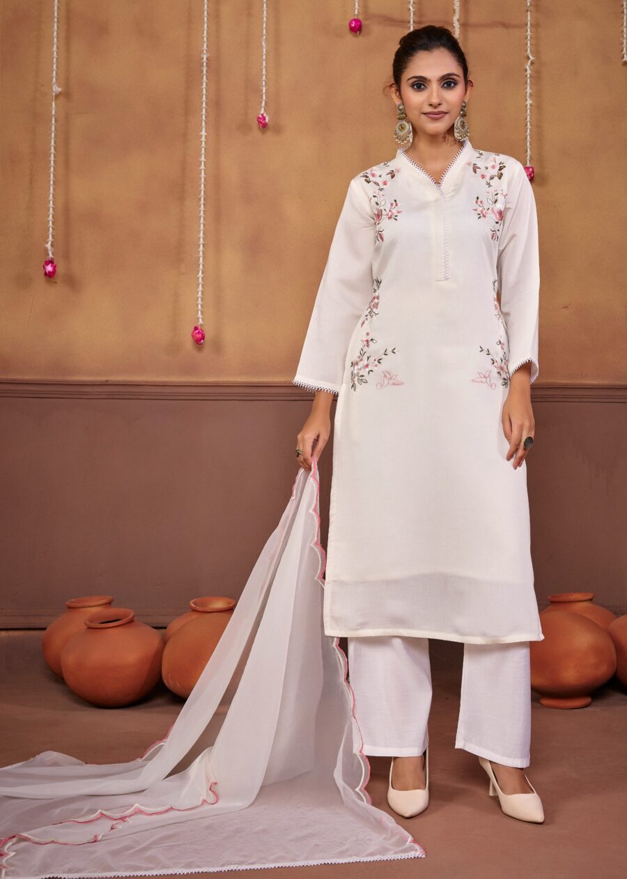 Off White Embroidered Kurti Set with Pockets - View 3 | PPAVAKEY Ethnic Wear