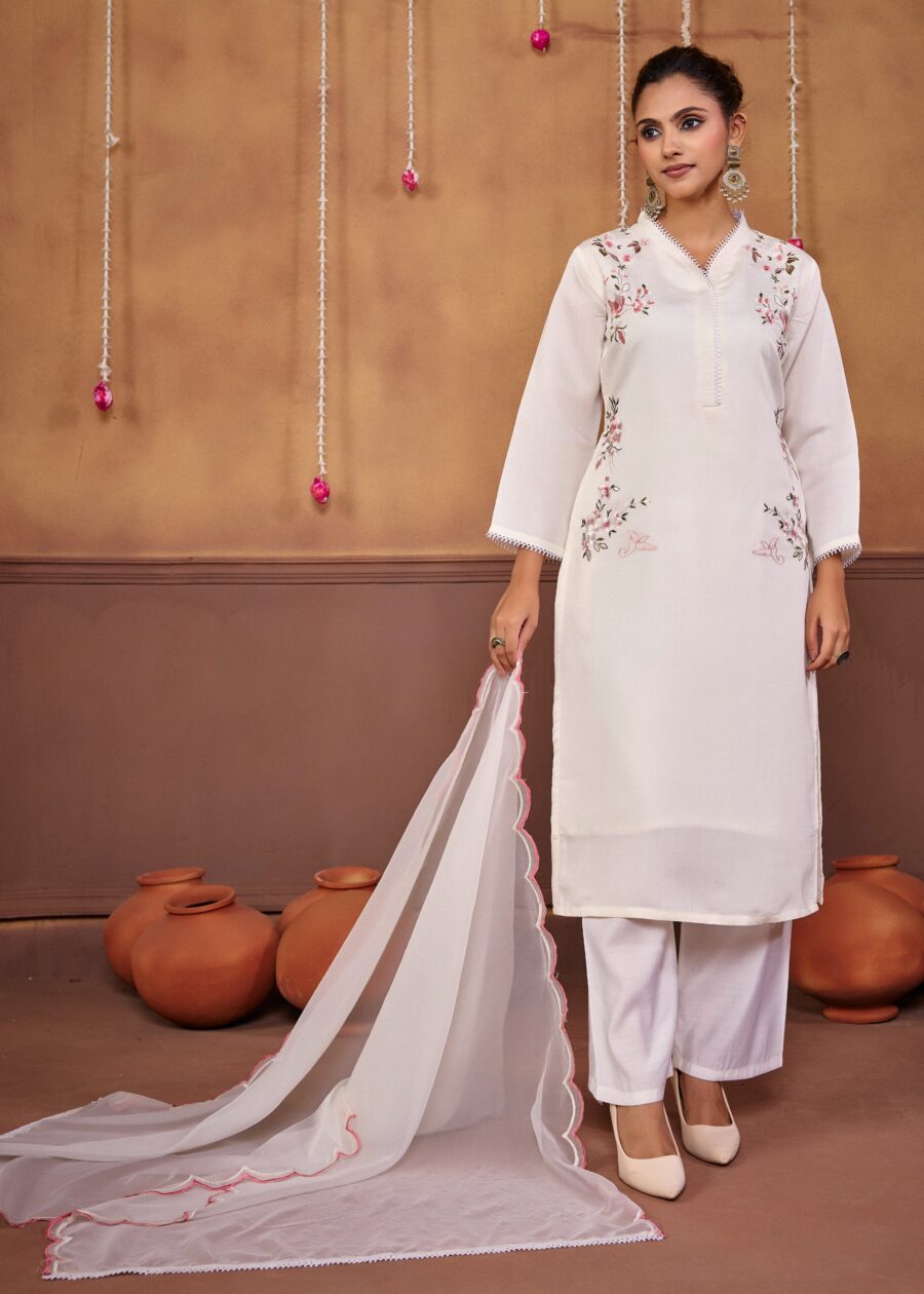 Off White Embroidered Kurti Set with Pockets - View 4 | PPAVAKEY Ethnic Wear