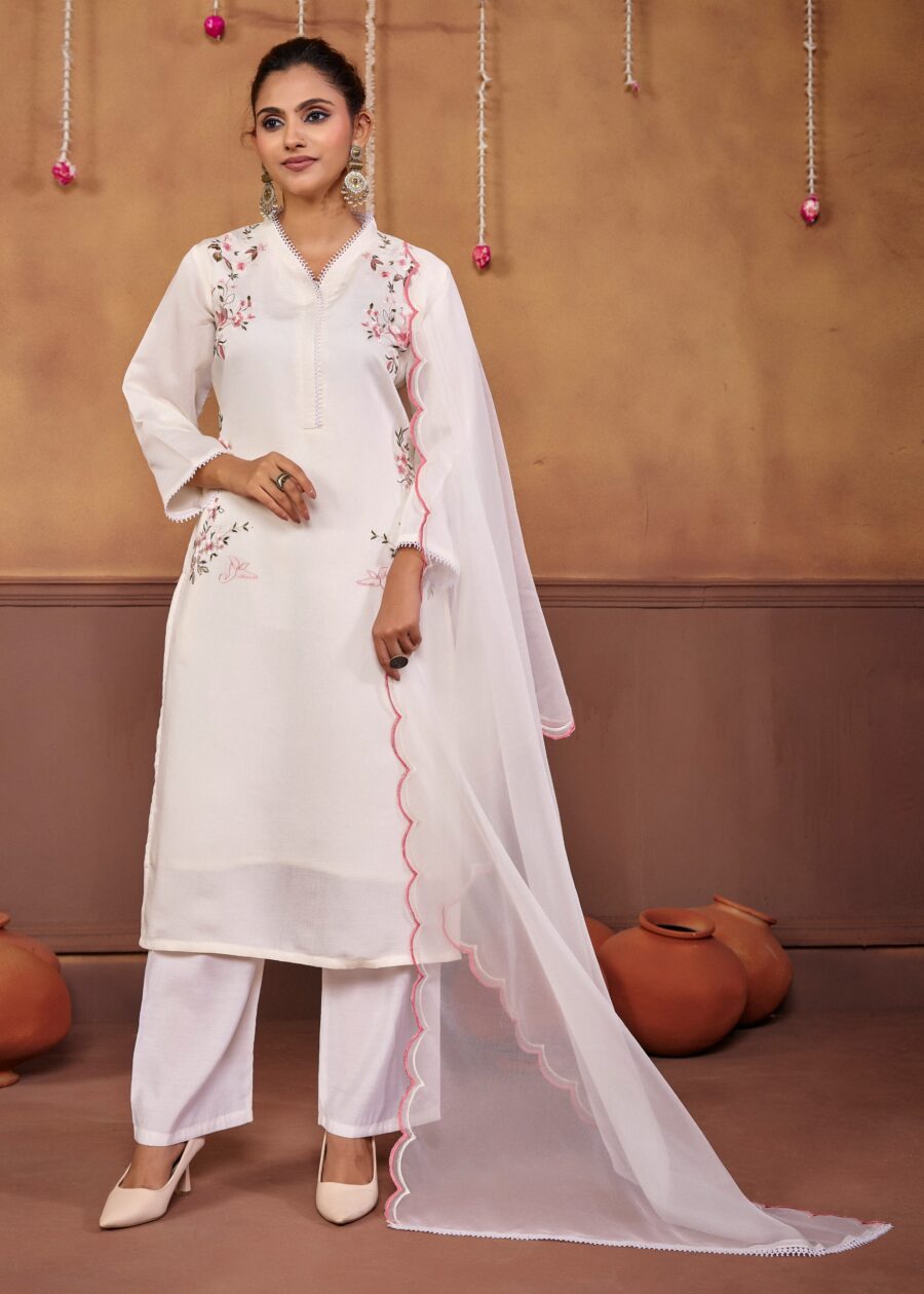Off White Embroidered Kurti Set with Pockets - View 5 | PPAVAKEY Ethnic Wear